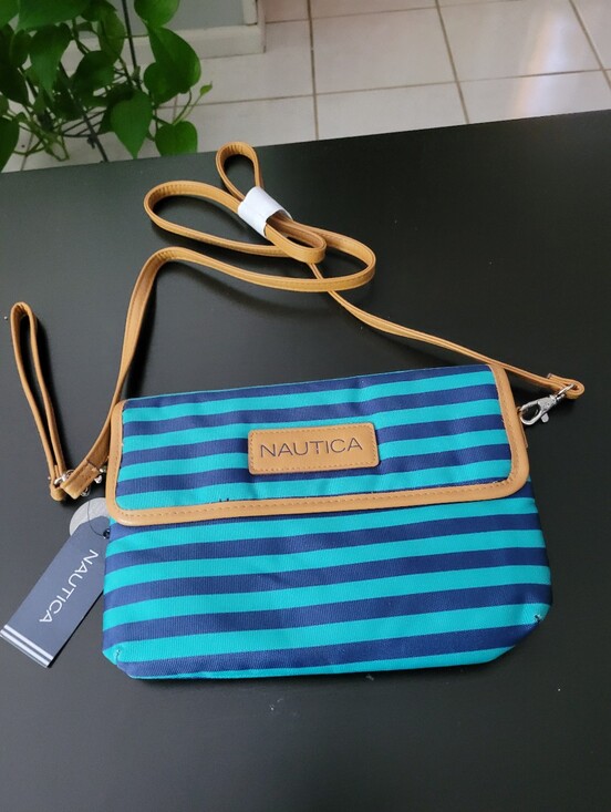 Nautica Handbags - Nautica Teal & Navy Striped Crossbody with Tan Trim